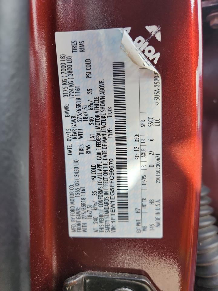 2015 Ford F150 Supercrew VIN: 1FTEW1EG5FFC99670 Lot: 89637775