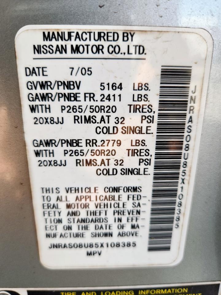 2005 Infiniti Fx35 VIN: JNRAS08U85X108385 Lot: 84377015