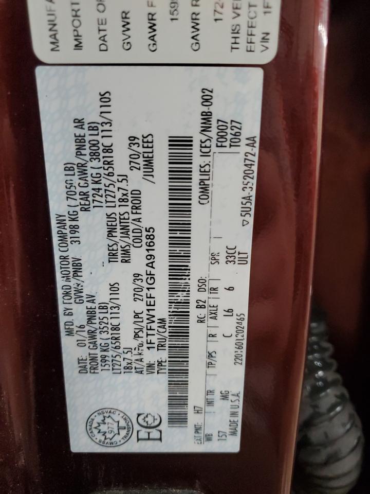 2016 Ford F150 Supercrew VIN: 1FTFW1EF1GFA91685 Lot: 84552065