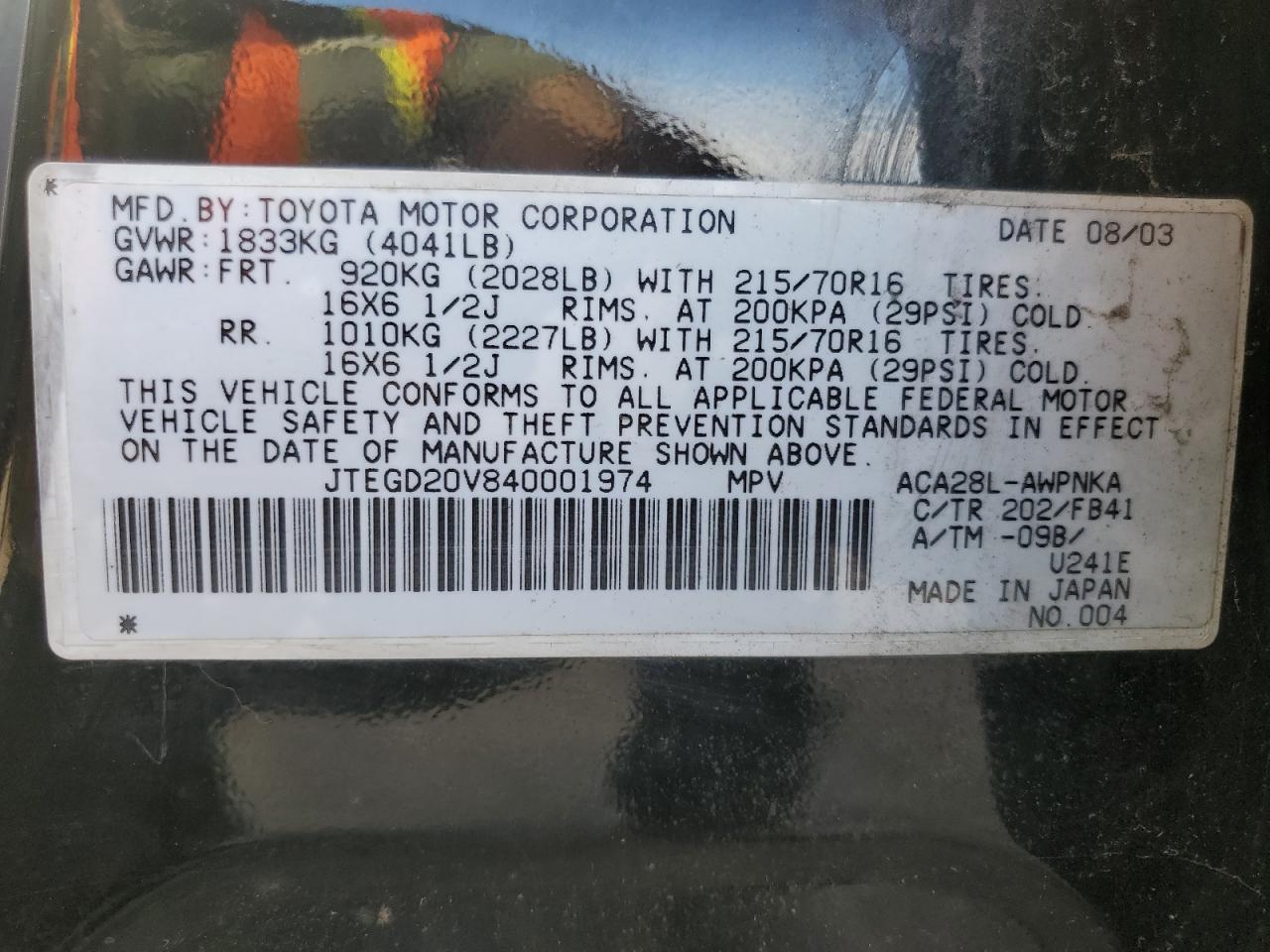 2004 Toyota Rav4 VIN: JTEGD20V840001974 Lot: 85758035