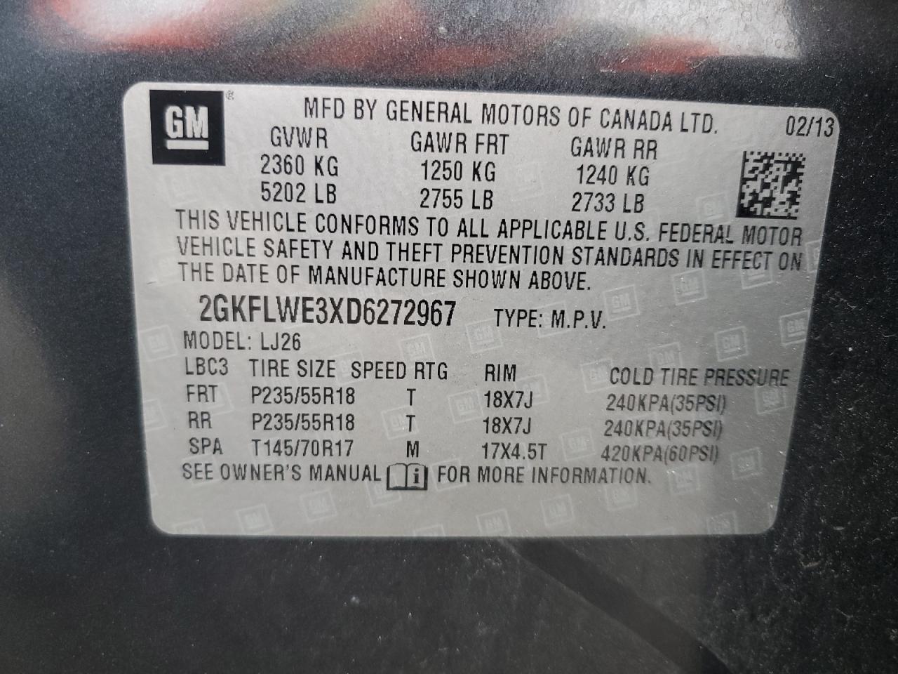 2013 GMC Terrain Slt VIN: 2GKFLWE3XD6272967 Lot: 89932765