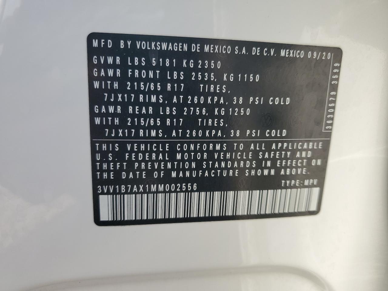 2021 Volkswagen Tiguan S VIN: 3VV1B7AX1MM002556 Lot: 87112315