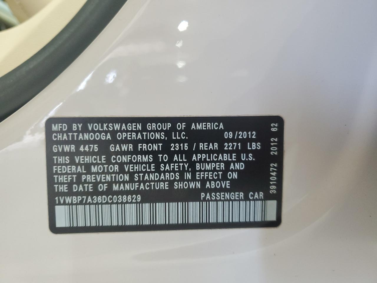 2013 Volkswagen Passat Se VIN: 1VWBP7A36DC038629 Lot: 85191155