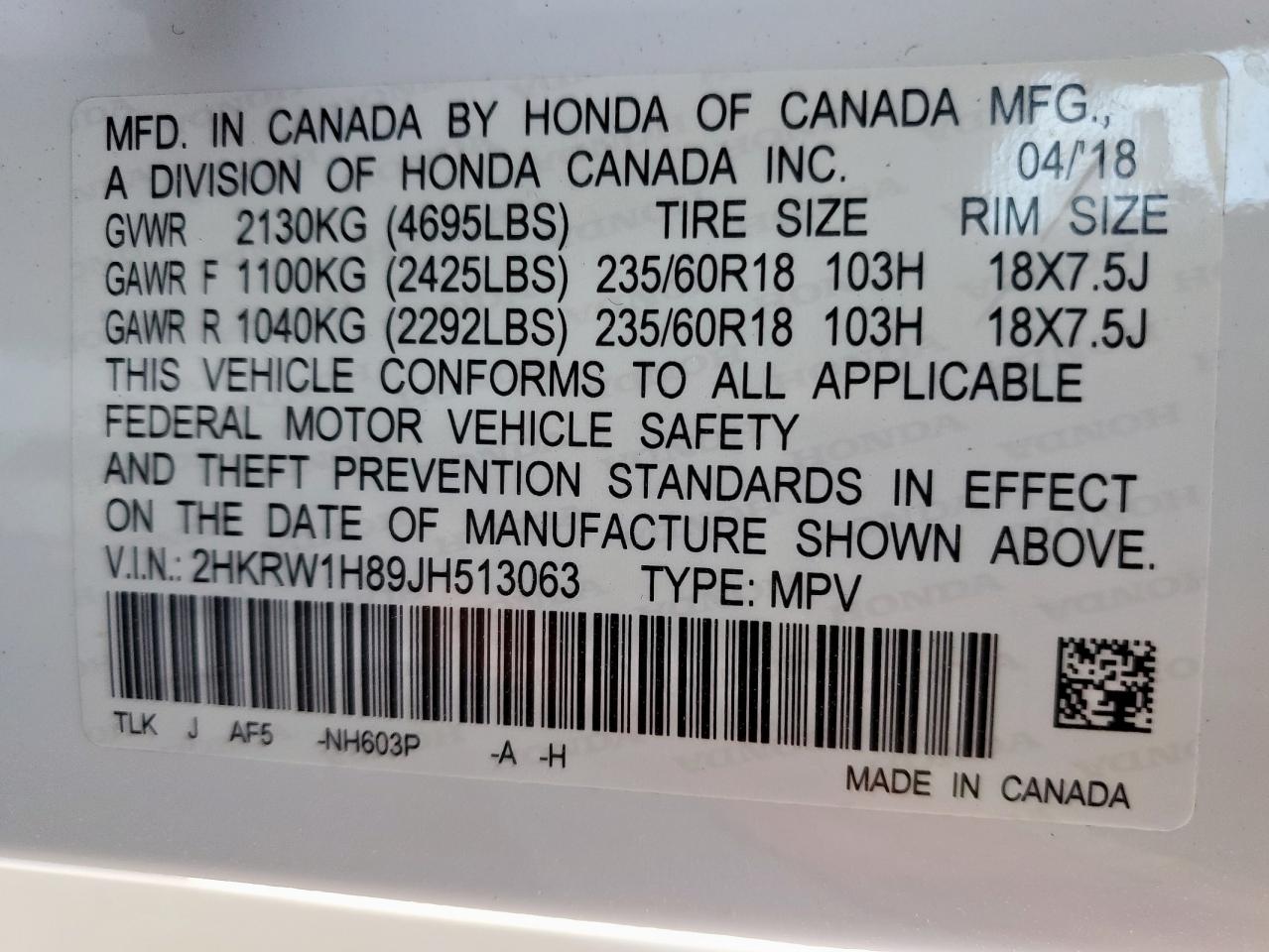 2018 Honda Cr-V Exl VIN: 2HKRW1H89JH513063 Lot: 87474265