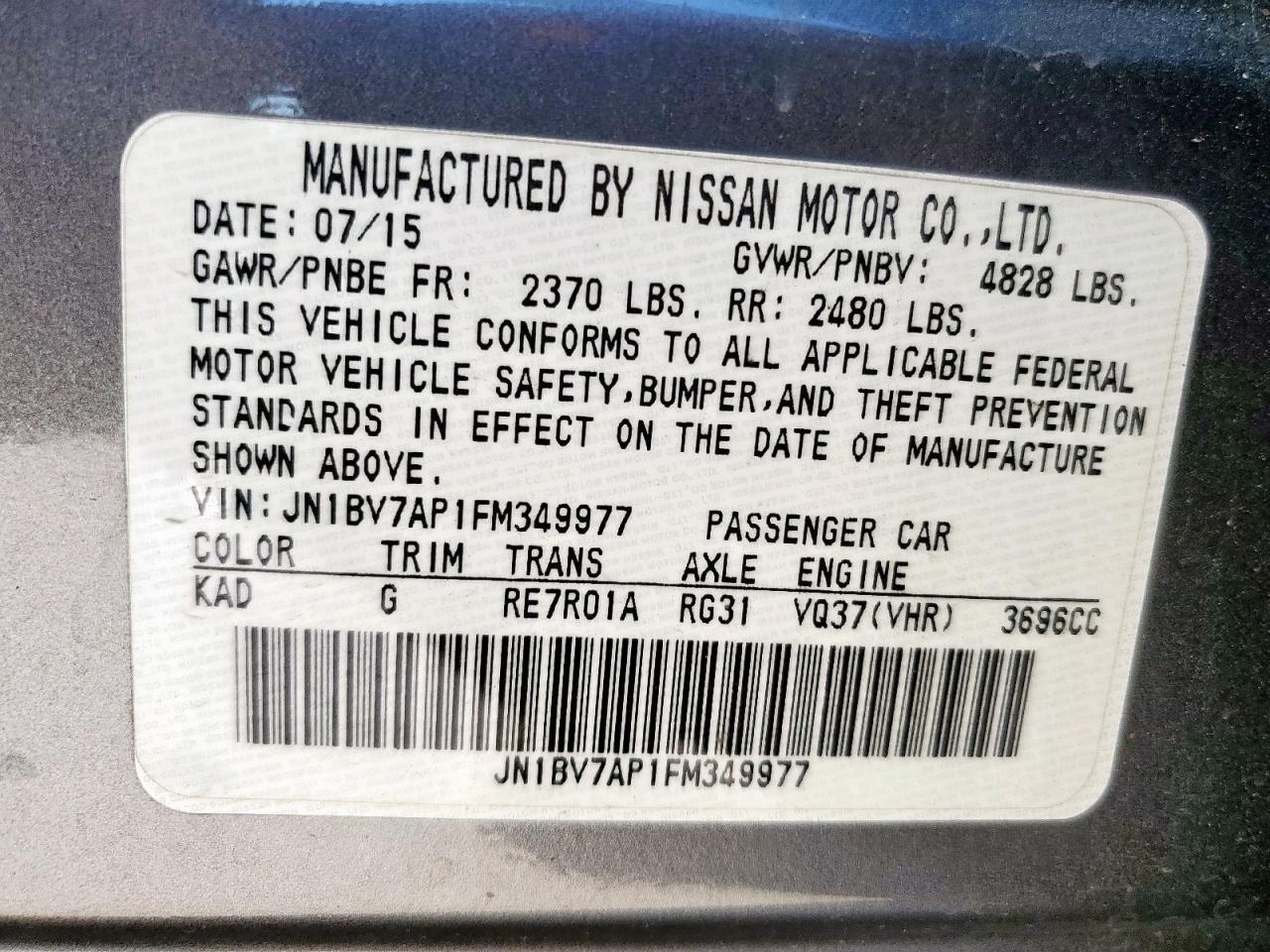 2015 Infiniti Q50 Base VIN: JN1BV7AP1FM349977 Lot: 86509895