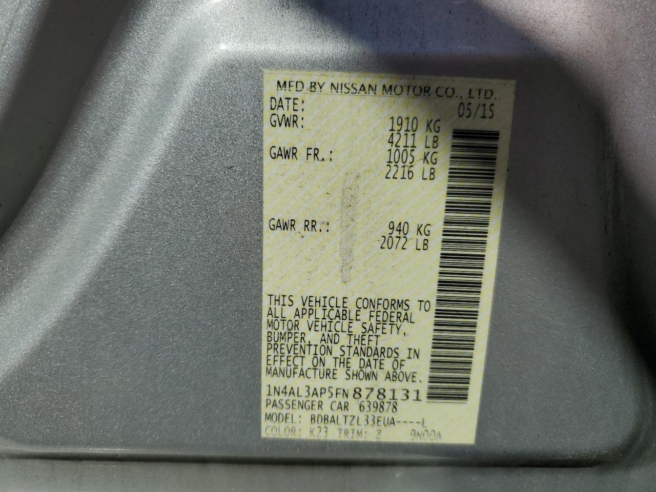 2015 Nissan Altima 2.5 VIN: 1N4AL3AP5FN878131 Lot: 86074165