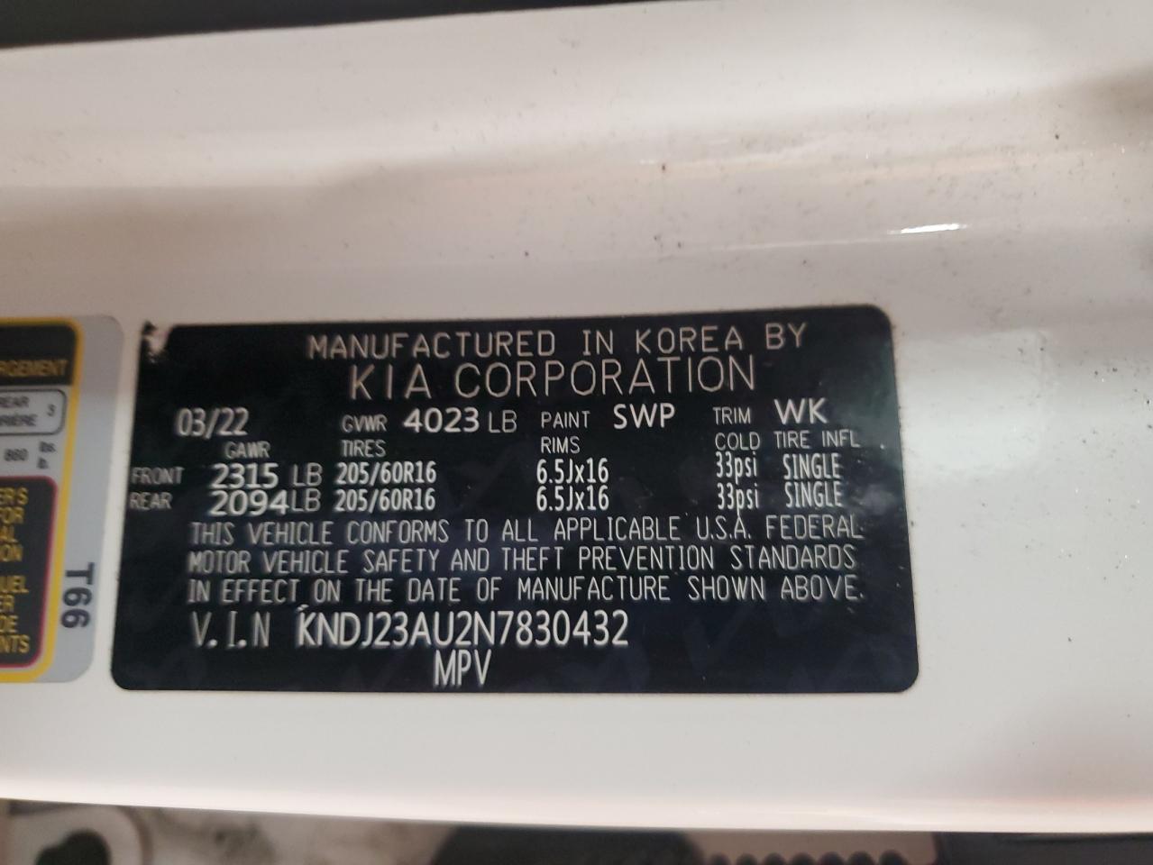 2022 Kia Soul Lx VIN: KNDJ23AU2N7830432 Lot: 81969185