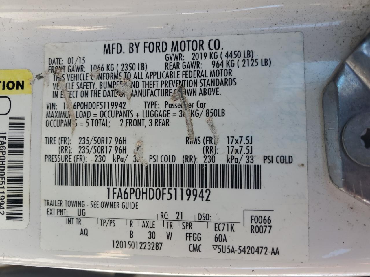 2015 Ford Fusion Se VIN: 1FA6P0HD0F5119942 Lot: 82395855