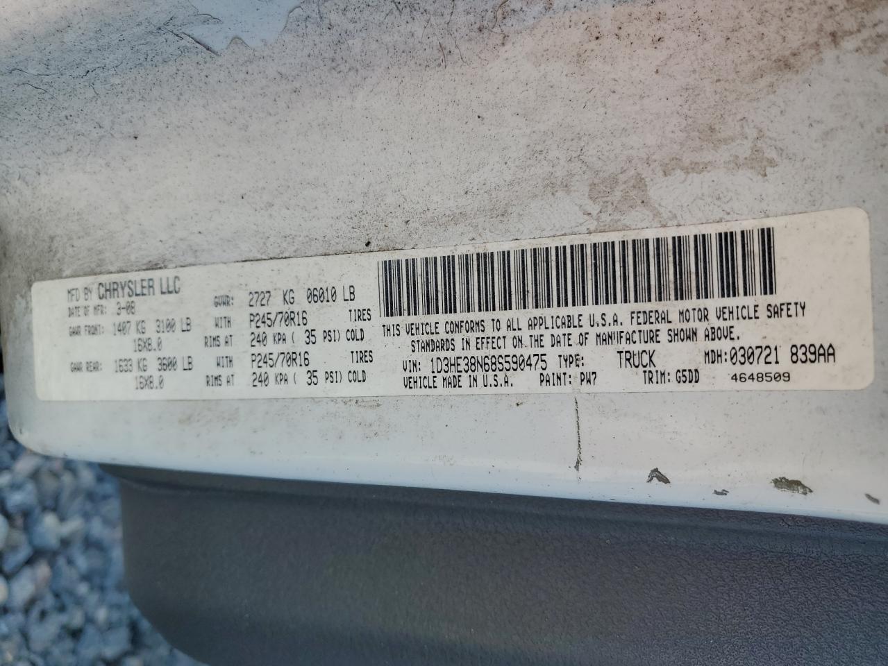 2008 Dodge Dakota Sxt VIN: 1D3HE38N68S590475 Lot: 84948805