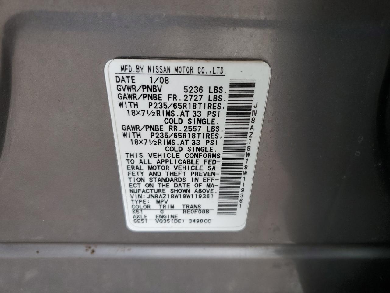 2009 Nissan Murano S VIN: JN8AZ18W19W119361 Lot: 81864645