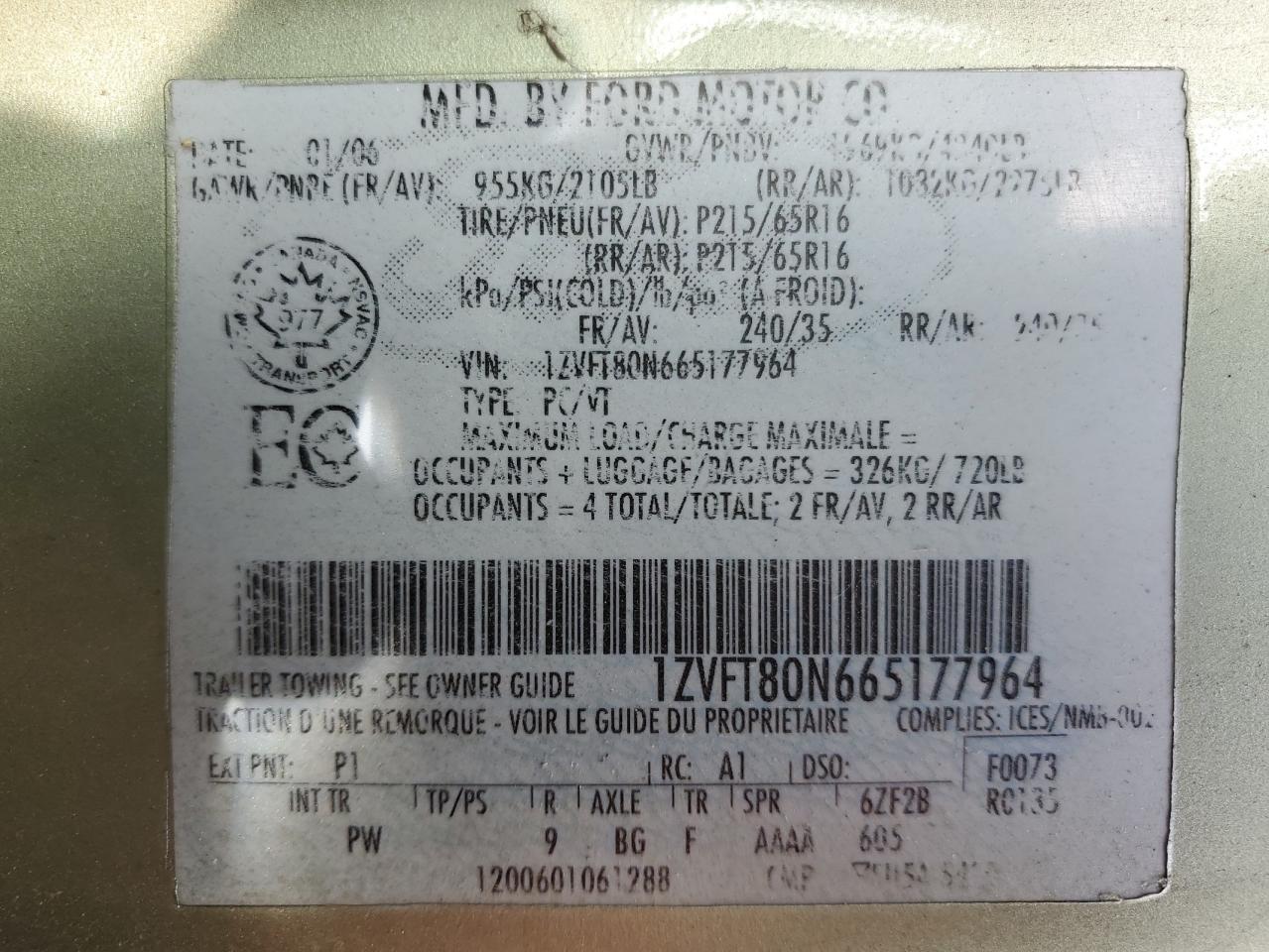 2006 Ford Mustang VIN: 1ZVFT80N665177964 Lot: 54864275