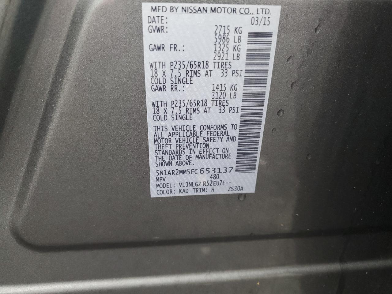 2015 Nissan Pathfinder S VIN: 5N1AR2MM5FC653137 Lot: 82357495