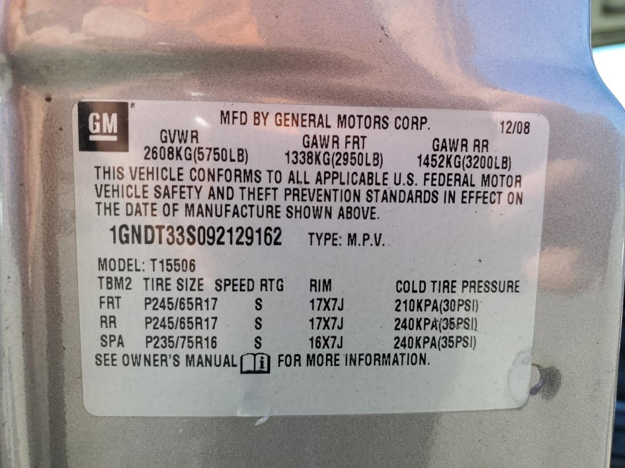 2009 Chevrolet Trailblazer Lt VIN: 1GNDT33S092129162 Lot: 85130965