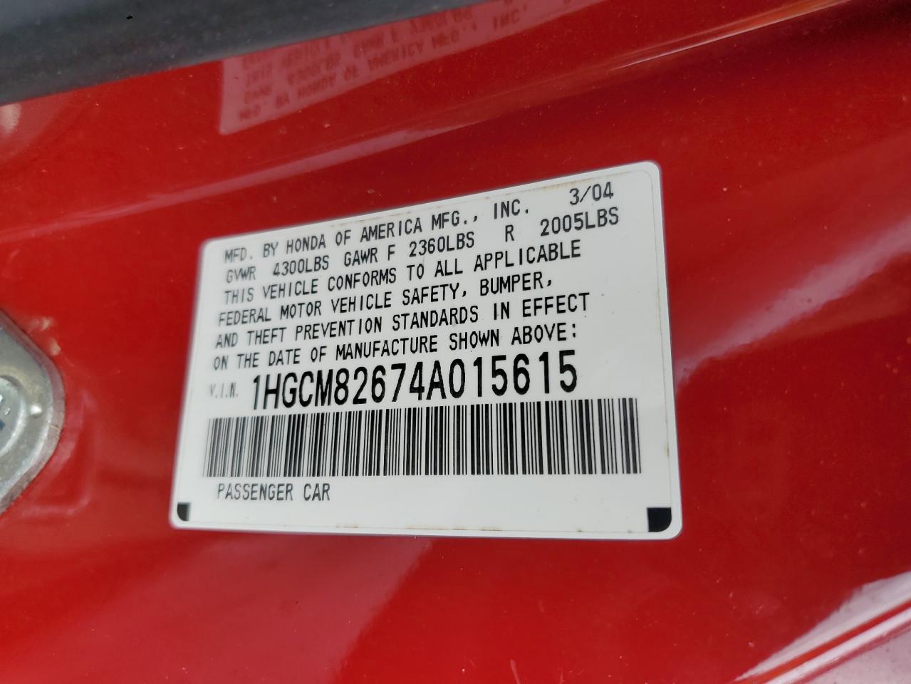 2004 Honda Accord Ex VIN: 1HGCM82674A015615 Lot: 81987755