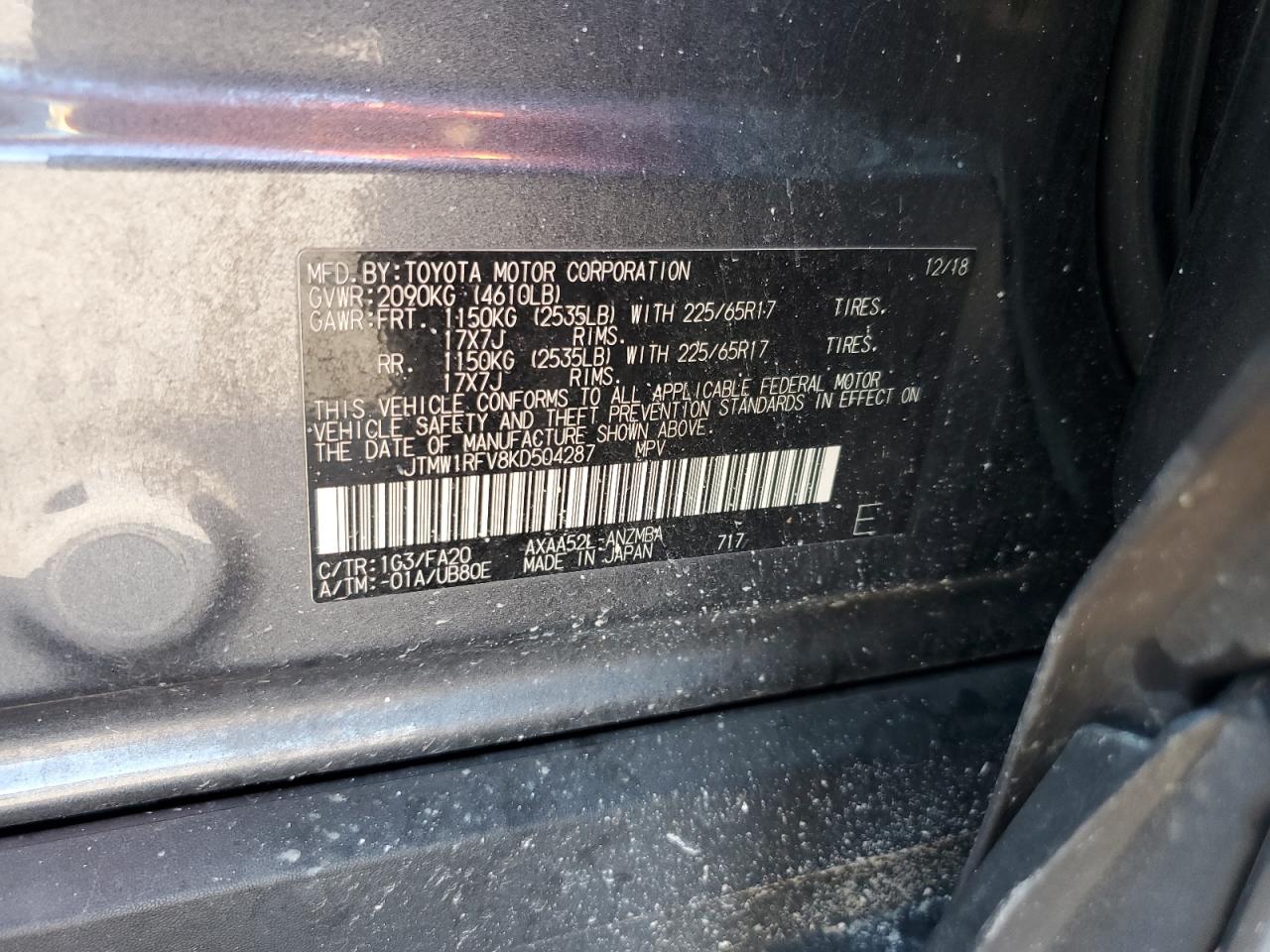 2019 Toyota Rav4 Xle VIN: JTMW1RFV8KD504287 Lot: 82335165