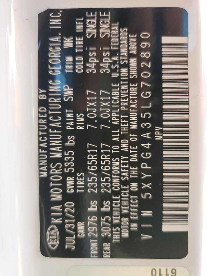 2020 Kia Sorento L VIN: 5XYPG4A35LG702890 Lot: 84399425