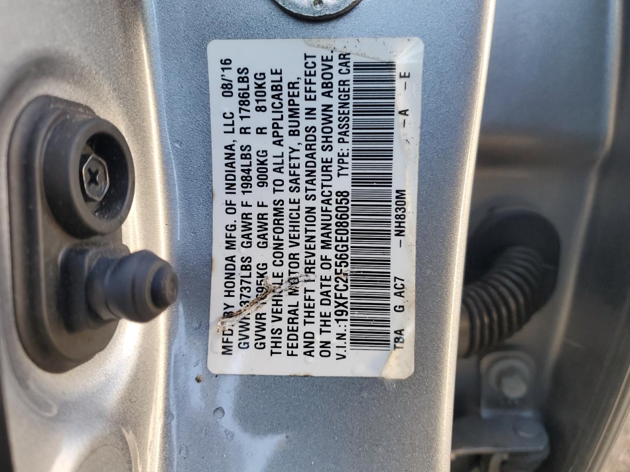 2016 Honda Civic Lx VIN: 19XFC2F56GE086058 Lot: 85338485