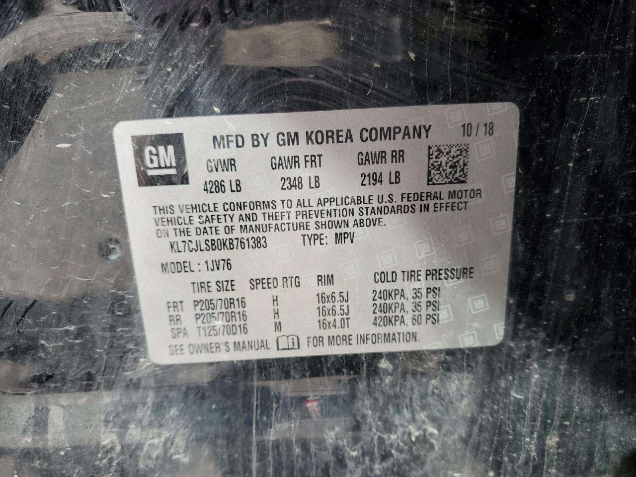 2019 Chevrolet Trax 1Lt VIN: KL7CJLSB0KB761383 Lot: 86103625