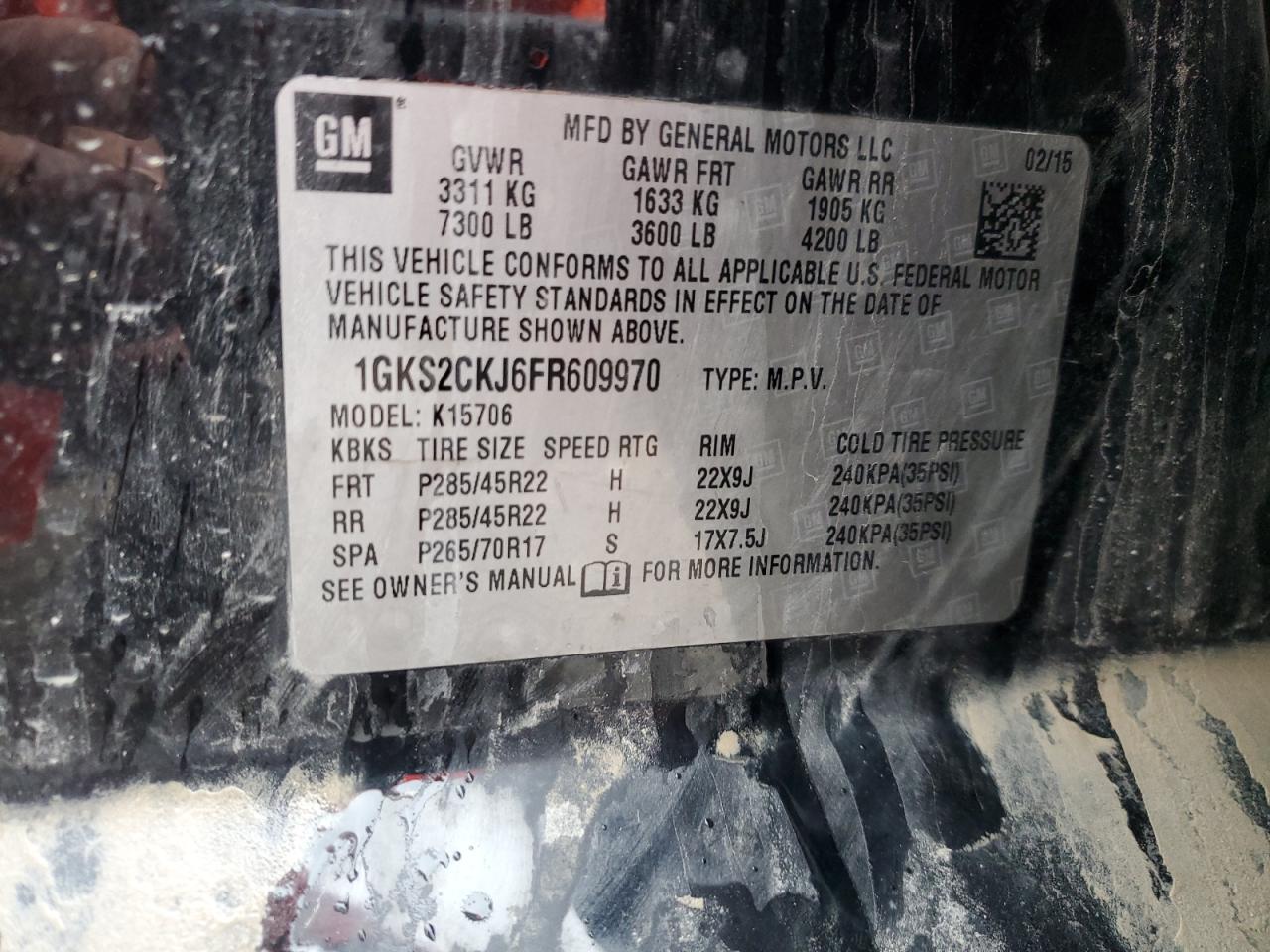 2015 GMC Yukon Denali VIN: 1GKS2CKJ6FR609970 Lot: 89666825