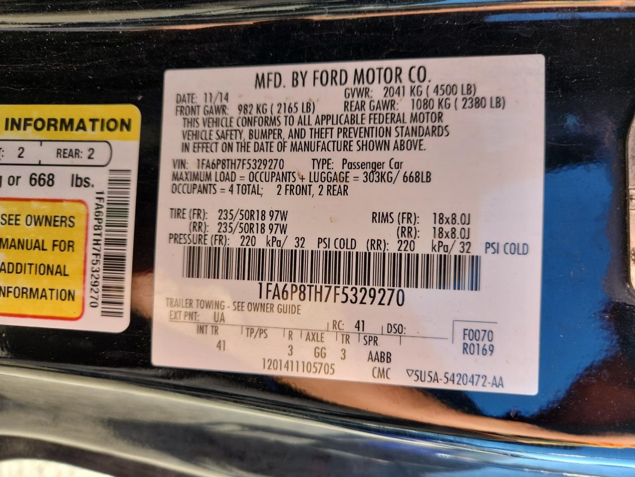 2015 Ford Mustang VIN: 1FA6P8TH7F5329270 Lot: 82576095