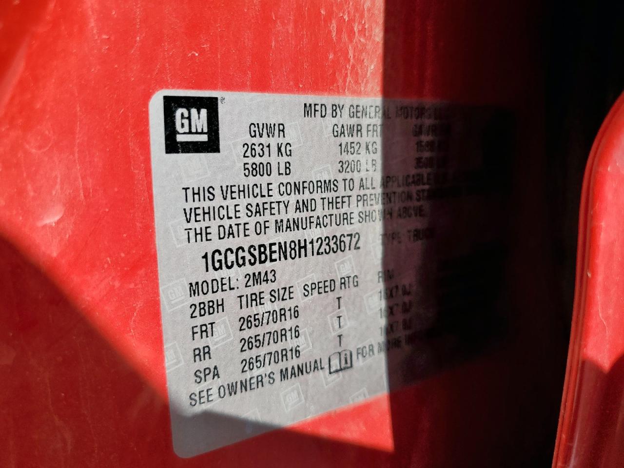 2017 Chevrolet Colorado VIN: 1GCGSBEN8H1233672 Lot: 85502955