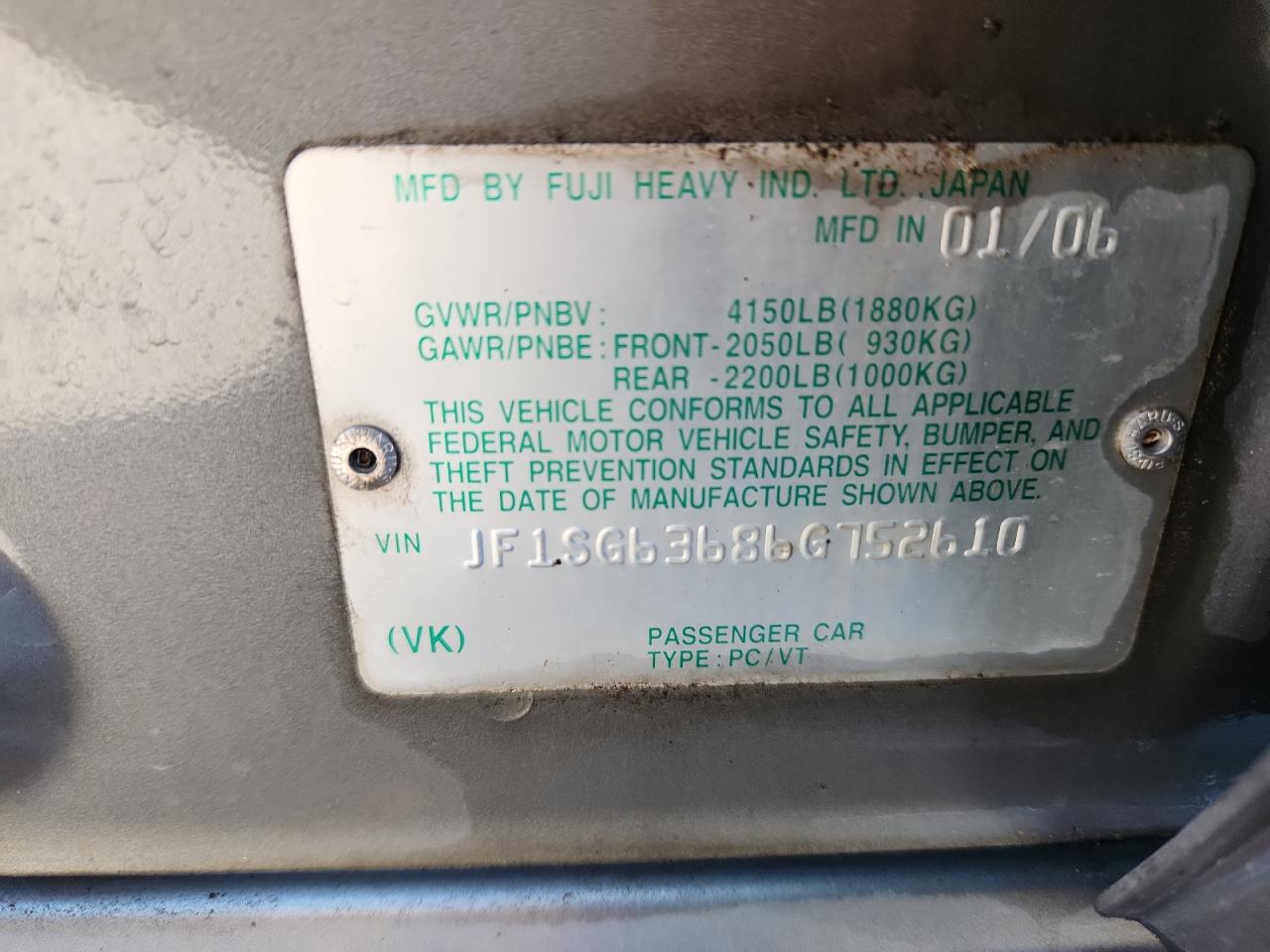 2006 Subaru Forester 2.5X VIN: JF1SG63686G752610 Lot: 85932225