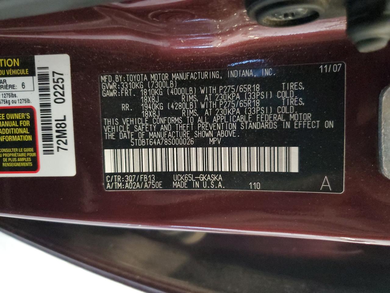 2008 Toyota Sequoia Sr5 VIN: 5TDBT64A78S000026 Lot: 85667055