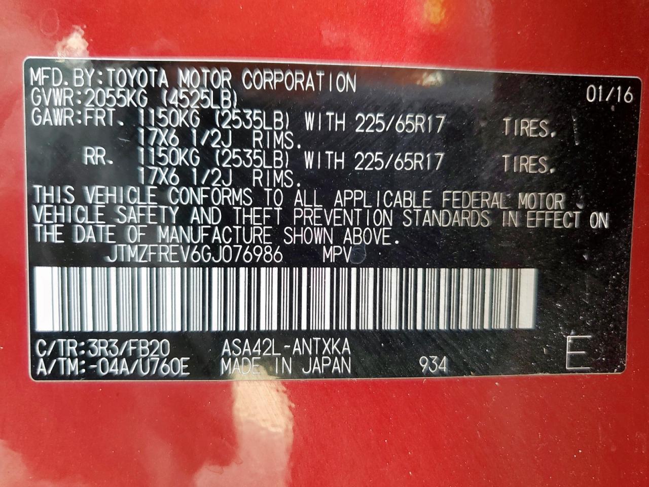 2016 Toyota Rav4 Le VIN: JTMZFREV6GJ076986 Lot: 85592695