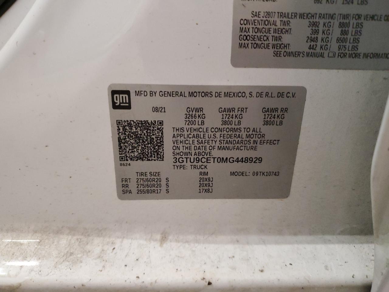 2021 GMC Sierra K1500 Elevation VIN: 3GTU9CET0MG448929 Lot: 90907825