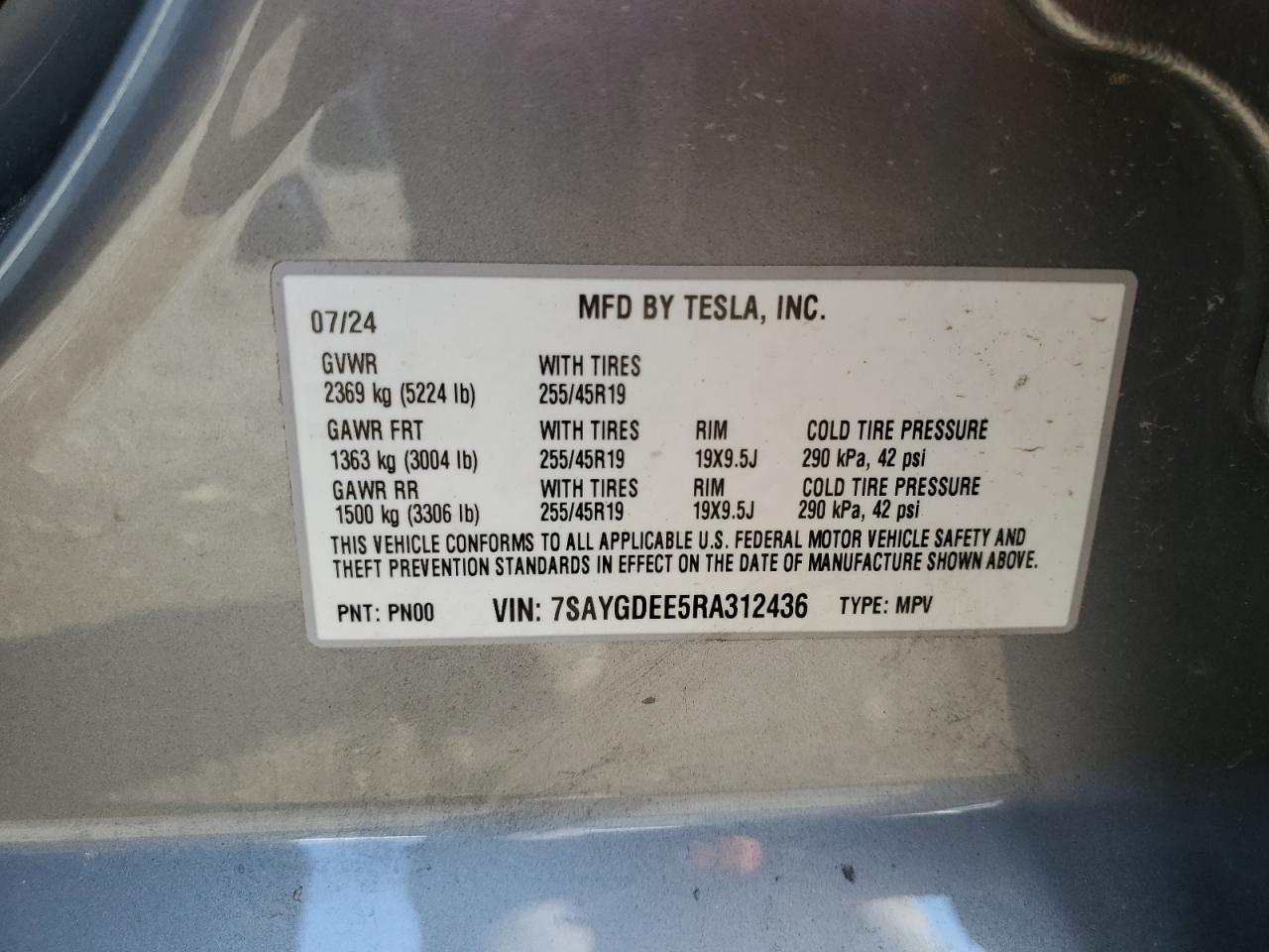 2024 Tesla Model Y VIN: 7SAYGDEE5RA312436 Lot: 89516385