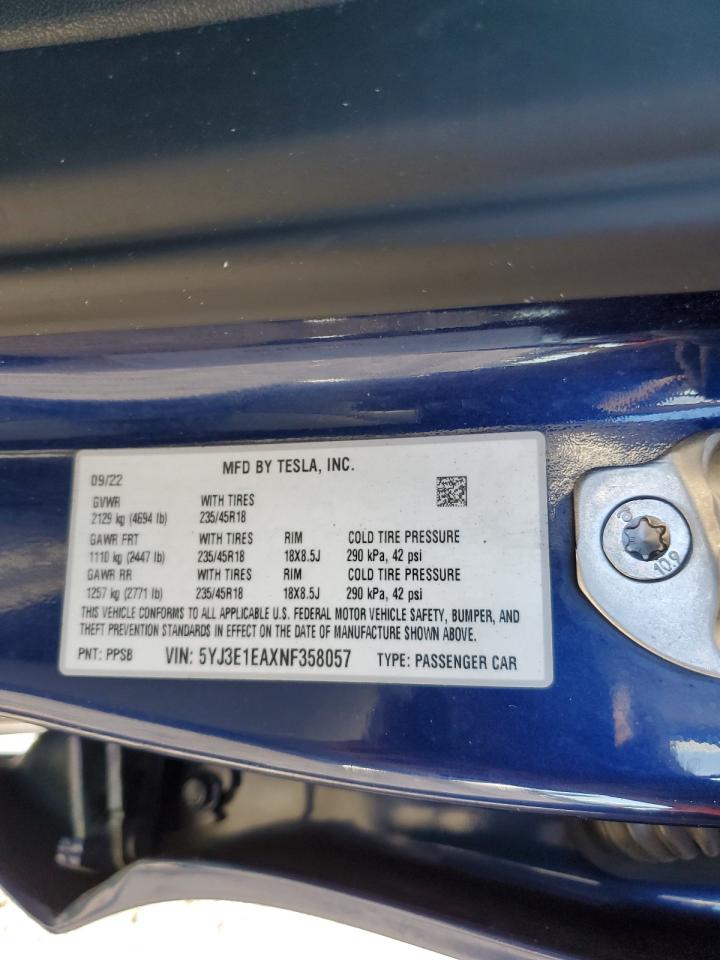 2022 Tesla Model 3 VIN: 5YJ3E1EAXNF358057 Lot: 90655875