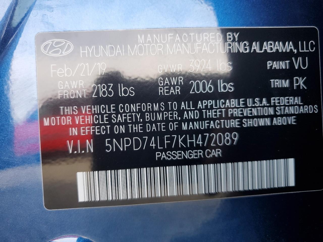 2019 Hyundai Elantra Se VIN: 5NPD74LF7KH472089 Lot: 82361335