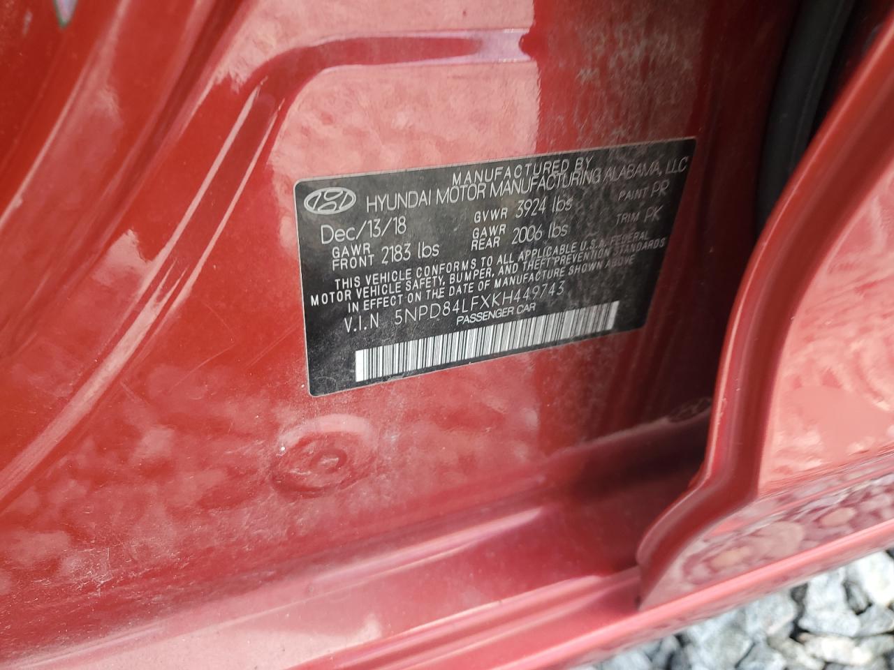 2019 Hyundai Elantra Sel VIN: 5NPD84LFXKH449743 Lot: 85119245