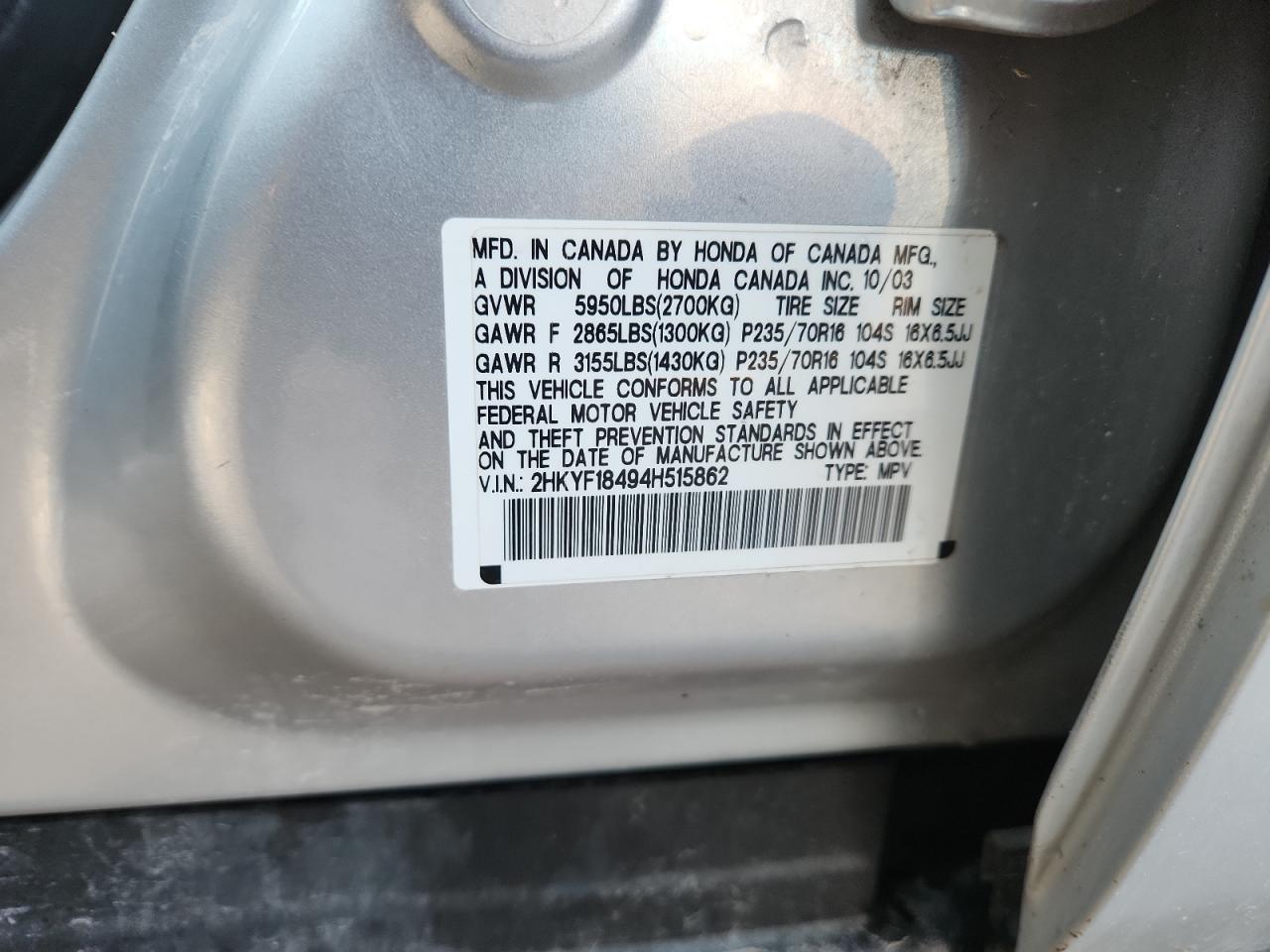 2004 Honda Pilot Ex VIN: 2HKYF18494H515862 Lot: 86530215