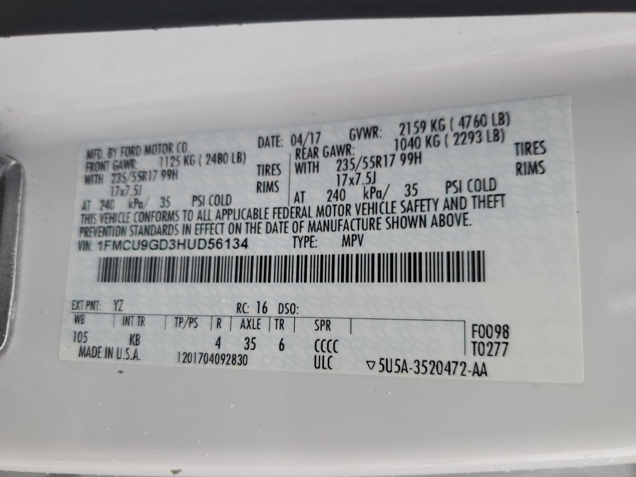 2017 Ford Escape Se VIN: 1FMCU9GD3HUD56134 Lot: 90274645