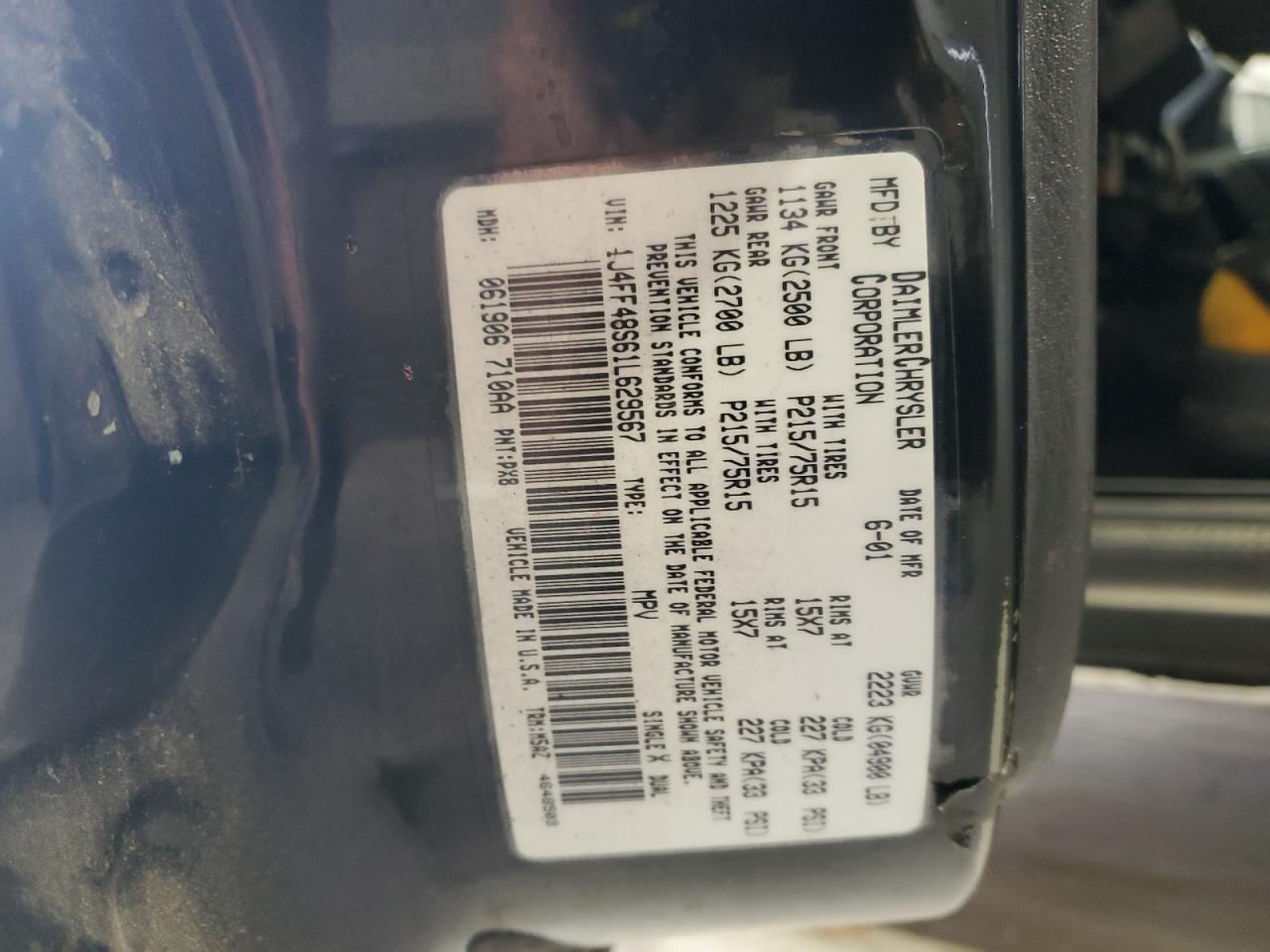 2001 Jeep Cherokee Sport VIN: 1J4FF48S61L629567 Lot: 82771645