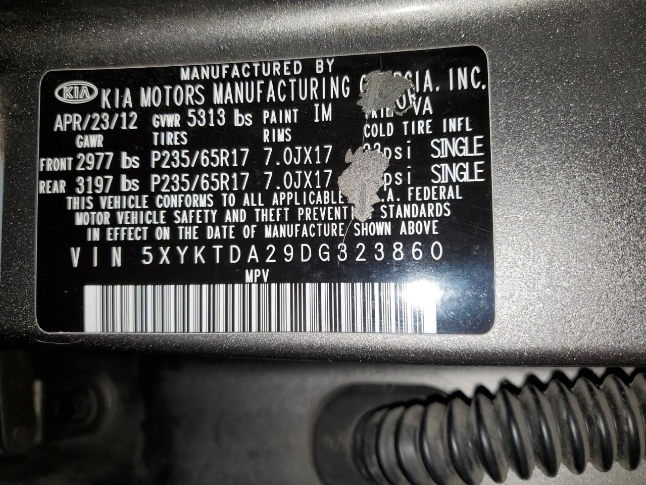 2013 Kia Sorento Lx VIN: 5XYKTDA29DG323860 Lot: 91083115