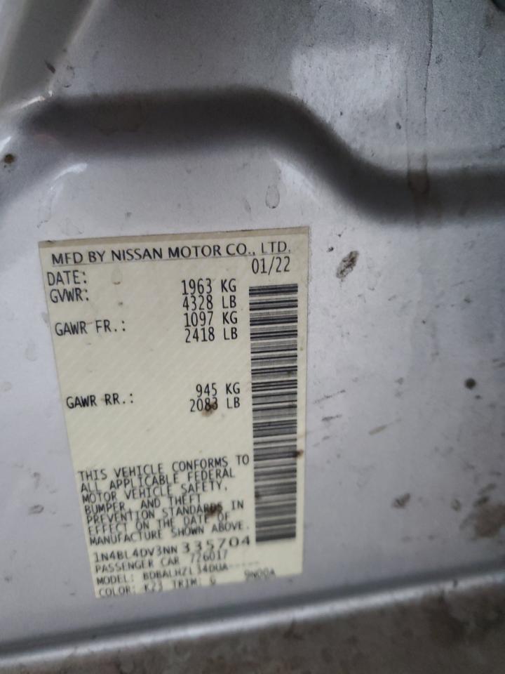 2022 Nissan Altima Sv VIN: 1N4BL4DV3NN335704 Lot: 85182625