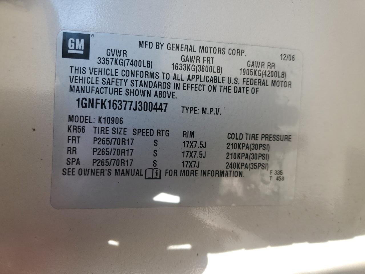 2007 Chevrolet Suburban K1500 VIN: 1GNFK16377J300447 Lot: 84861845