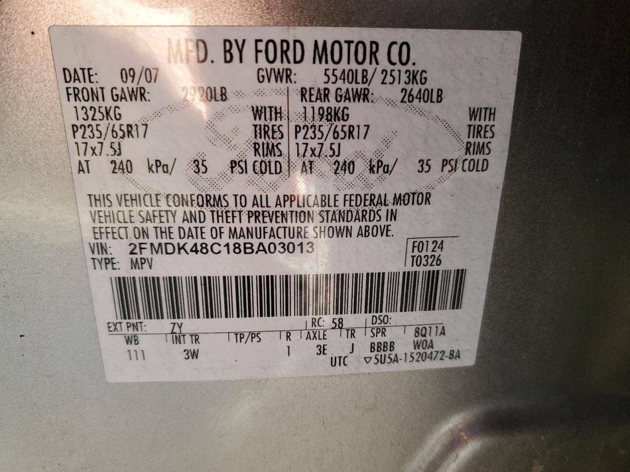 2008 Ford Edge Sel VIN: 2FMDK48C18BA03013 Lot: 85410565