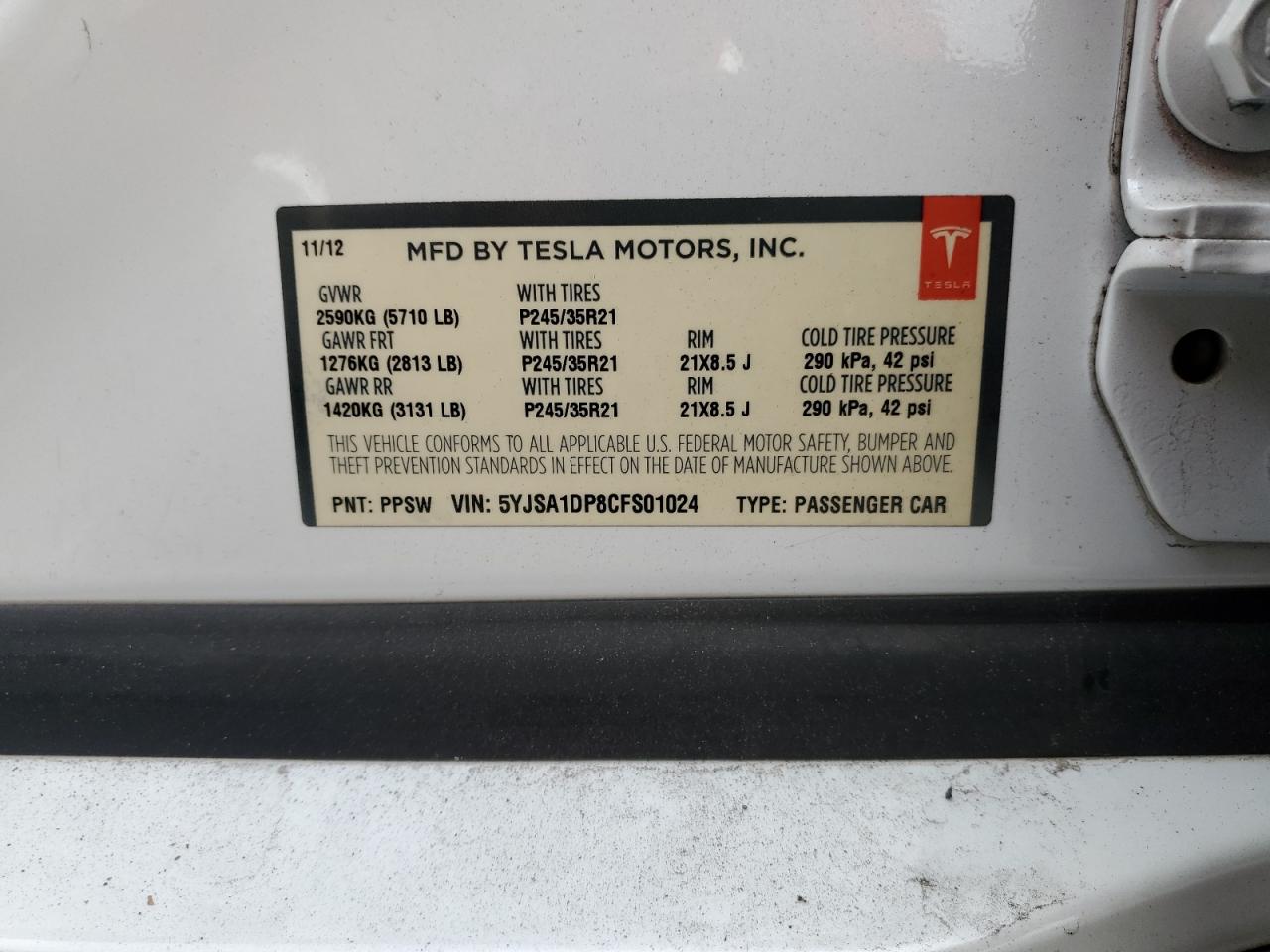 2012 Tesla Model S VIN: 5YJSA1DP8CFS01024 Lot: 86232335