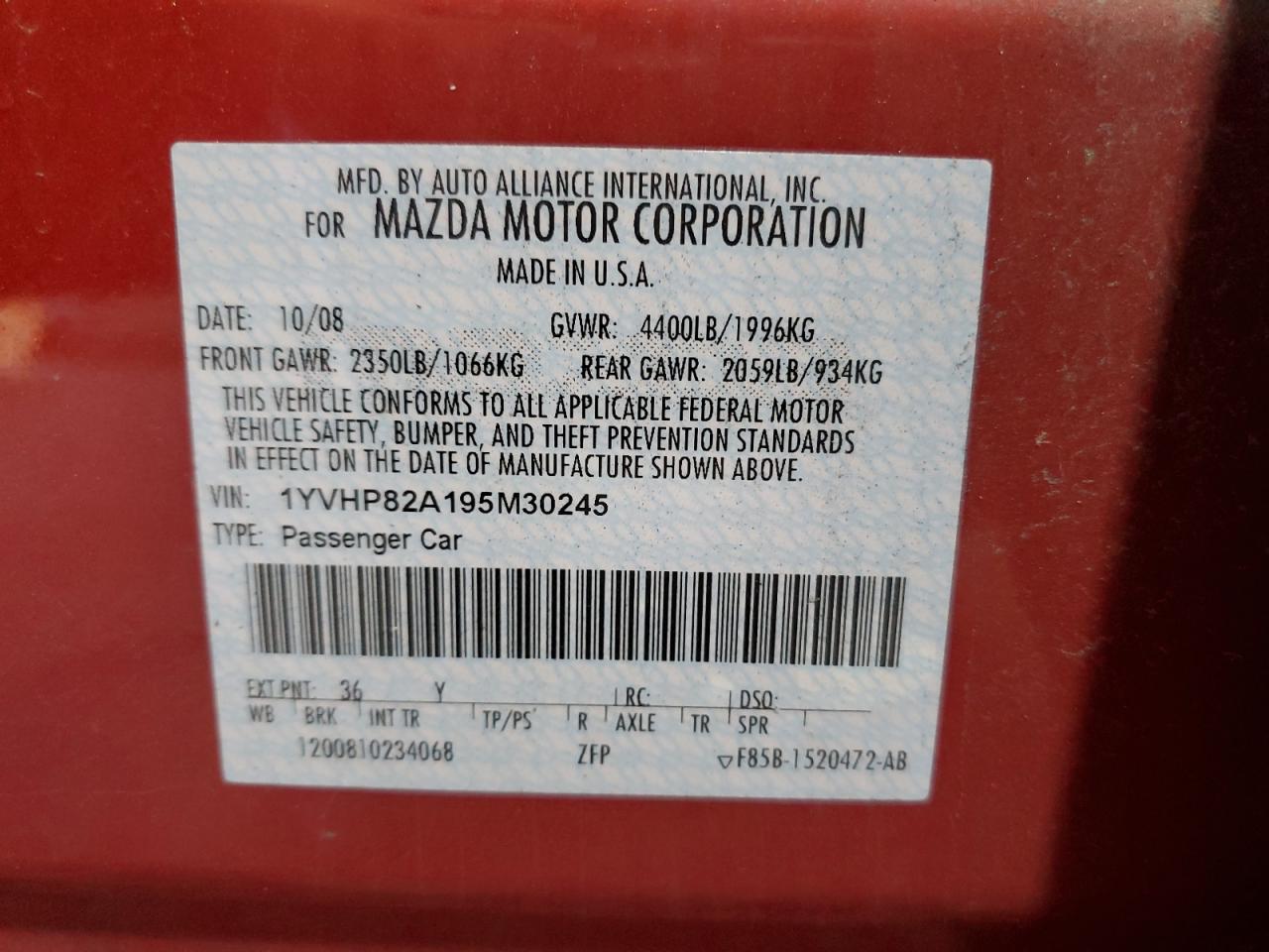 2009 Mazda 6 I VIN: 1YVHP82A195M30245 Lot: 85203455