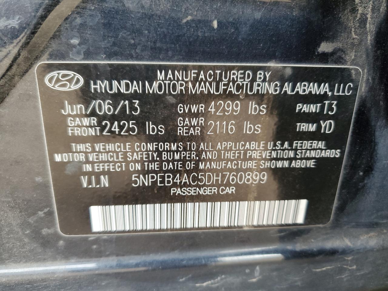 2013 Hyundai Sonata Gls VIN: 5NPEB4AC5DH760899 Lot: 82430765