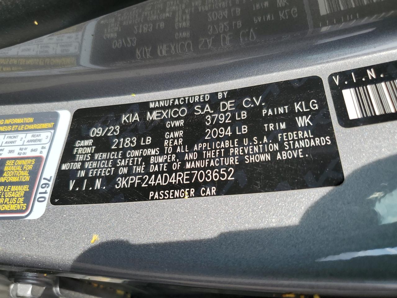 2024 Kia Forte Lx VIN: 3KPF24AD4RE703652 Lot: 87467675