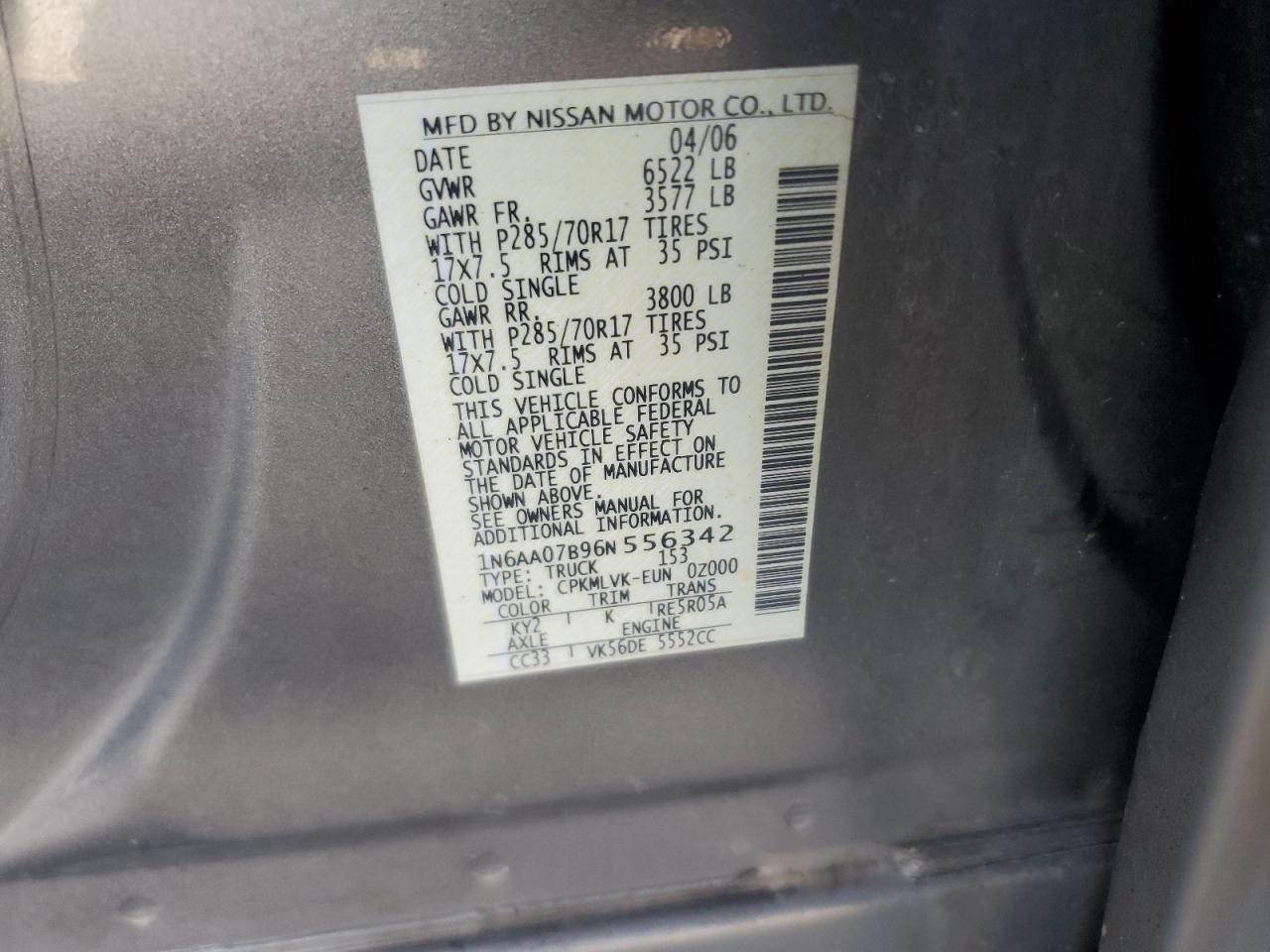 2006 Nissan Titan Xe VIN: 1N6AA07B96N556342 Lot: 86089515