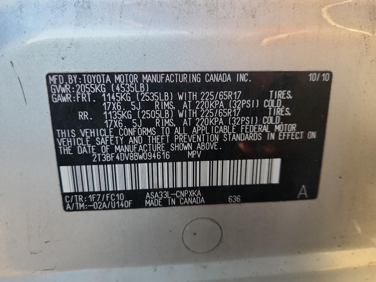 2011 Toyota Rav4 VIN: 2T3BF4DV8BW094616 Lot: 86192555
