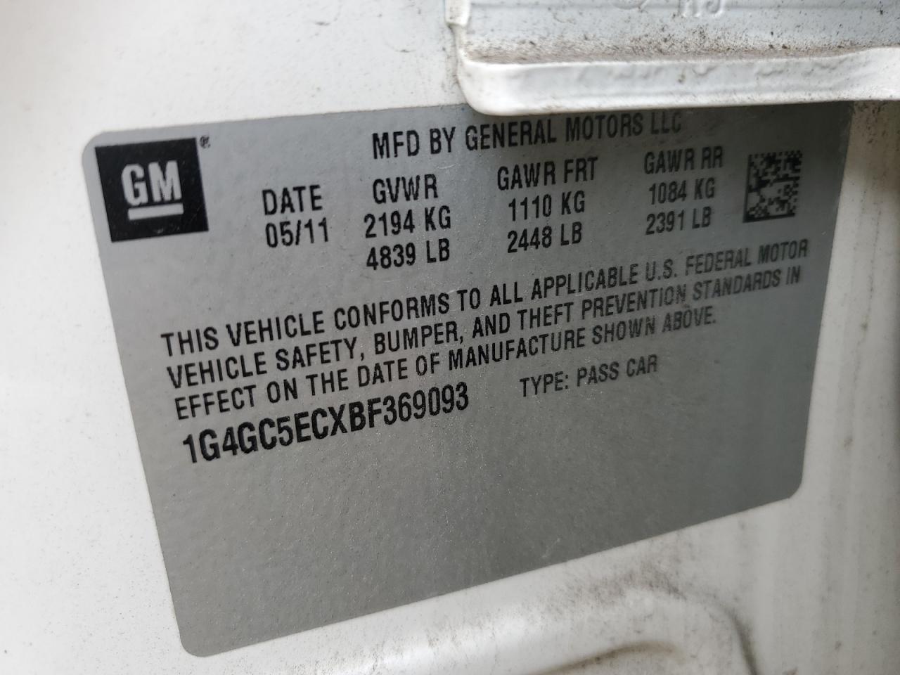 2011 Buick Lacrosse Cxl VIN: 1G4GC5ECXBF369093 Lot: 82232955