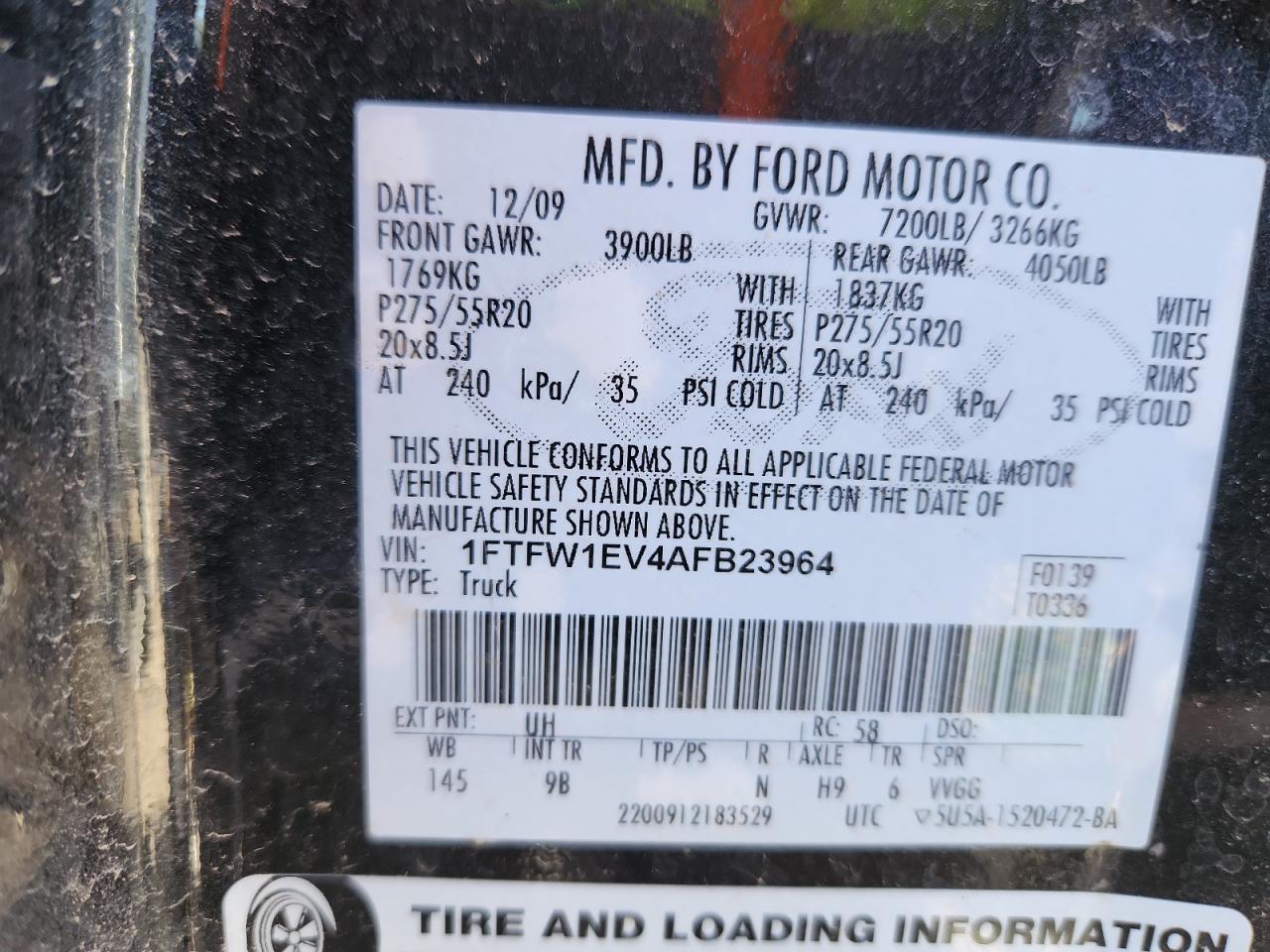 2010 Ford F150 Supercrew VIN: 1FTFW1EV4AFB23964 Lot: 86518925