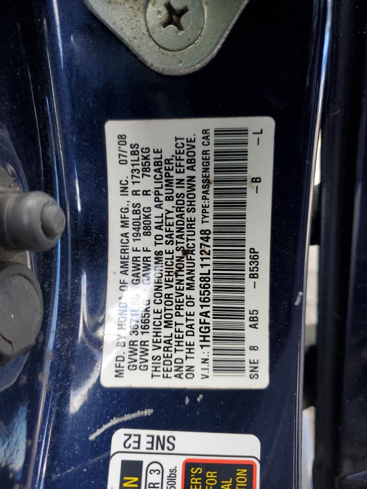 2008 Honda Civic Lx VIN: 1HGFA16568L112748 Lot: 85508095