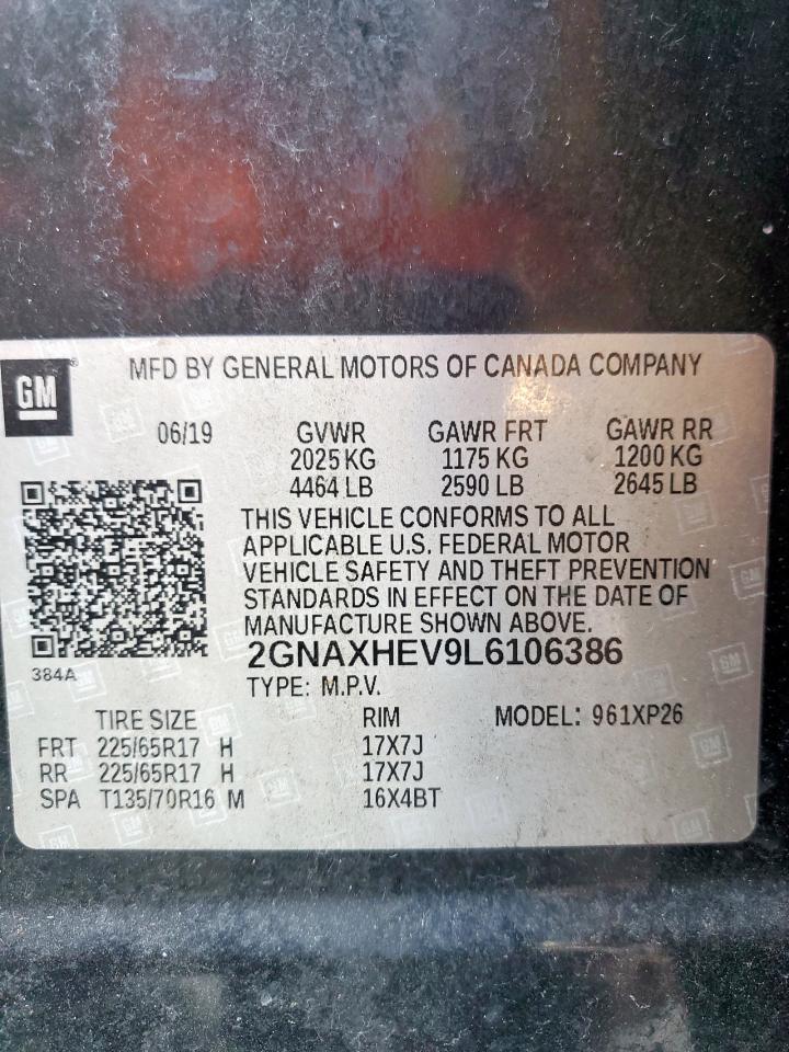 2020 Chevrolet Equinox Ls VIN: 2GNAXHEV9L6106386 Lot: 84891725